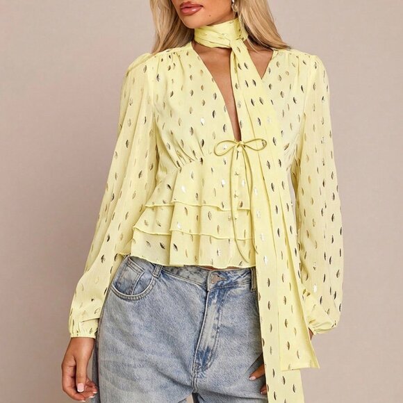 Tops - Yellow Elegant Women's Foil Print Blouse with Removable Ruffled Hem